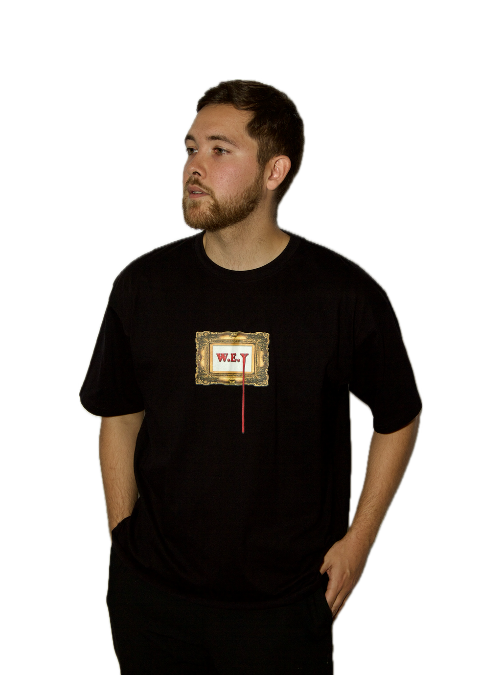 Man wearing a black t-shirt with a graphic design on a white background