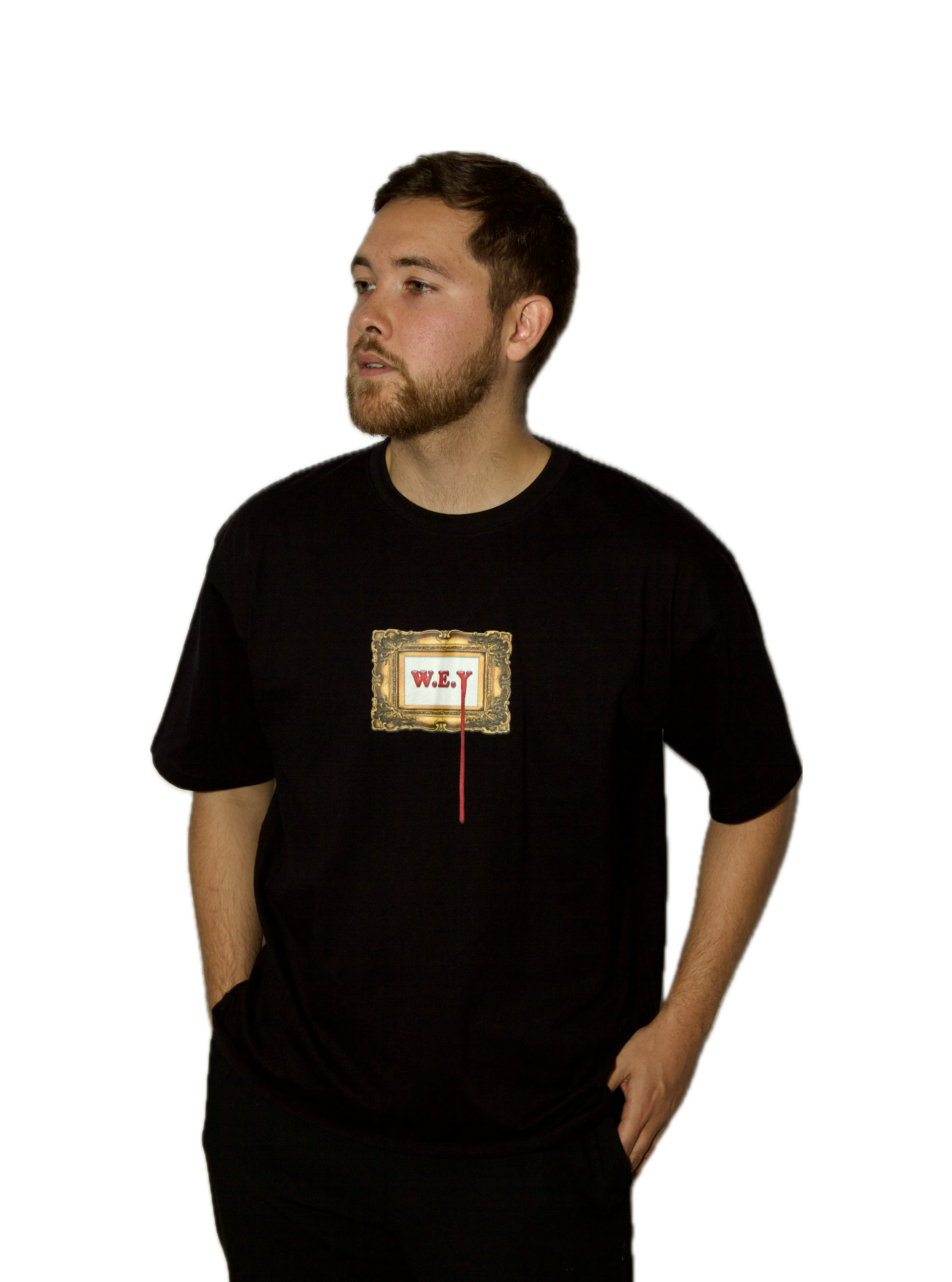 Man wearing a black t-shirt with a graphic design on a white background