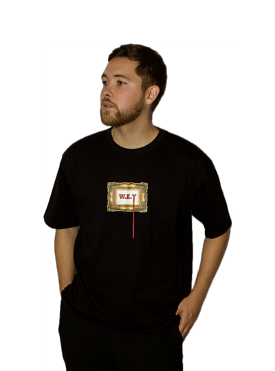 Man wearing a black t-shirt with a graphic design on a white background